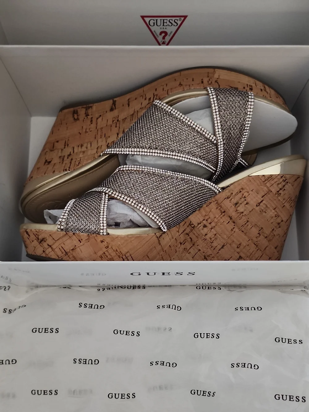 GUESS Metallic Taupe Crystal-Trim Cork Wedge Sandals